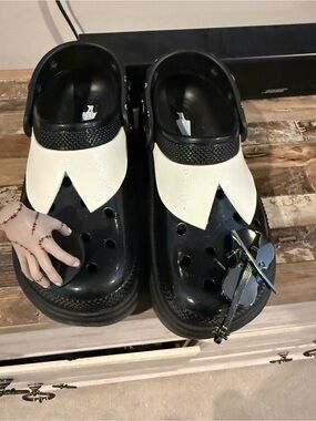 CROCS Black Clog Mules with Cream Decorative Overlays